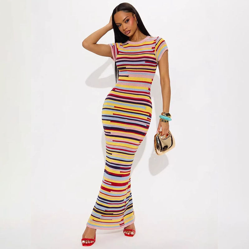 Slim-fit maxi dress with colorful stripes