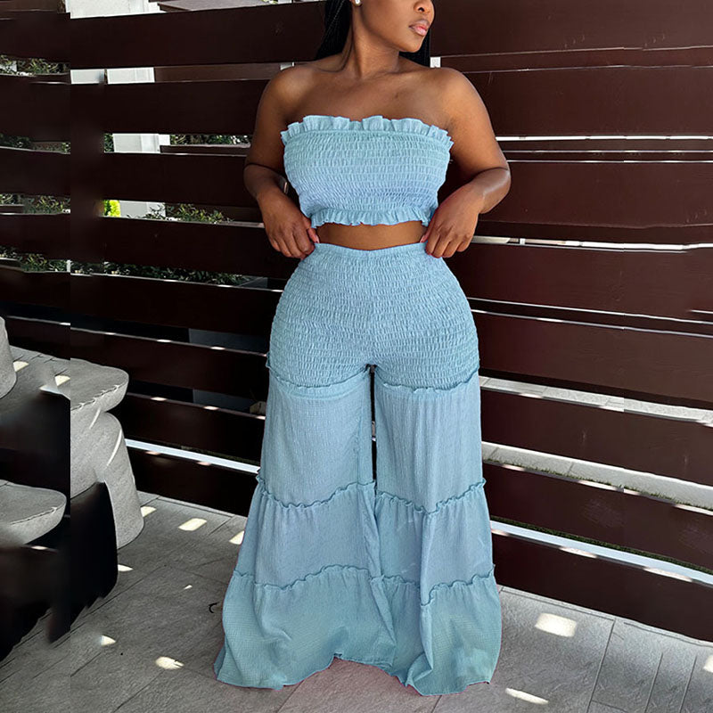 Ruched strapless top and tiered ruffle wide-leg pants set