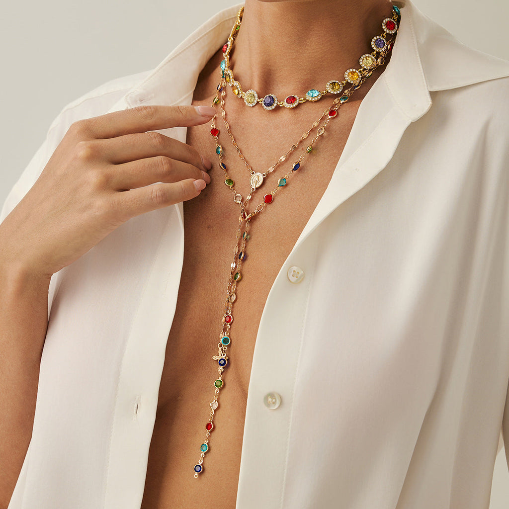 Bohemian-style round crystal layered necklace