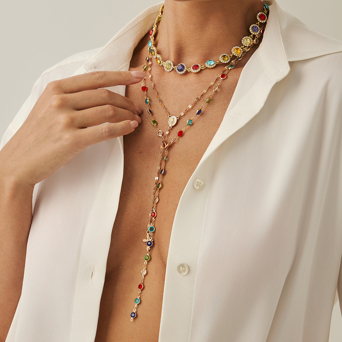 Bohemian-style round crystal layered necklace