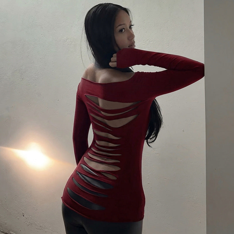 Hollow-out backless fitted long-sleeved top