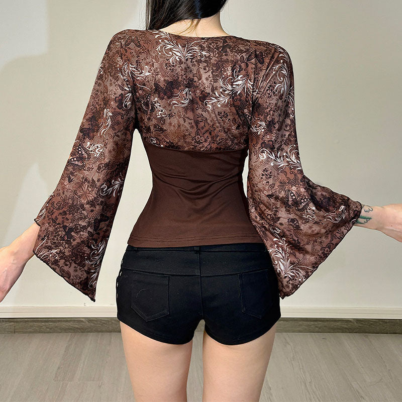 Retro floral patchwork bell sleeve fitted top