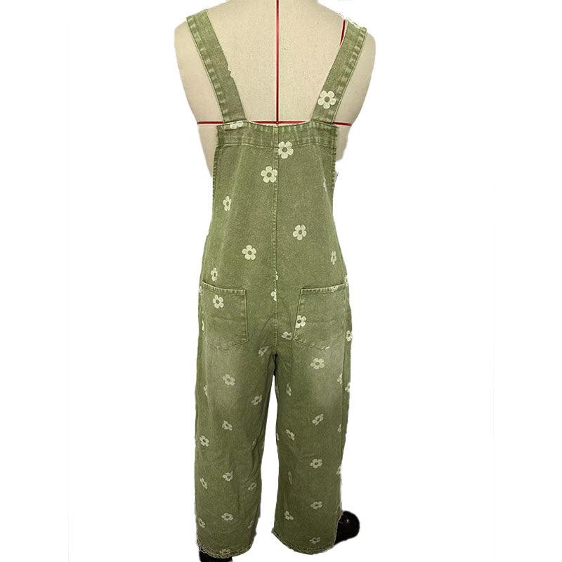 Floral denim wide-leg overalls