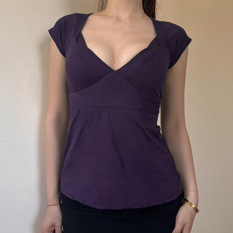 V-neck tie-front cap-sleeve top