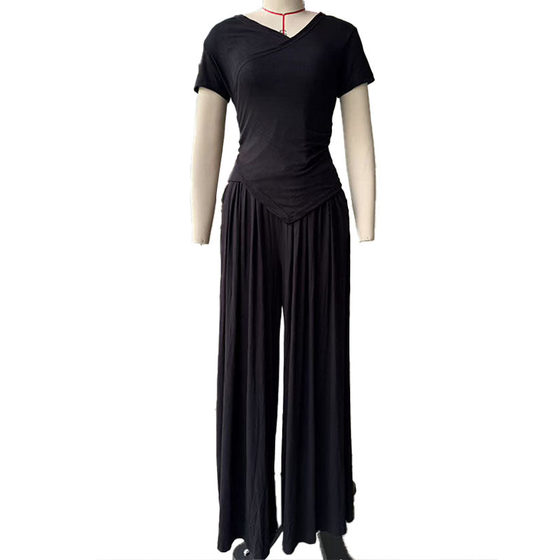 Cross-neck top and wide-leg pants suit