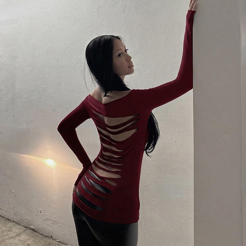 Hollow-out backless fitted long-sleeved top