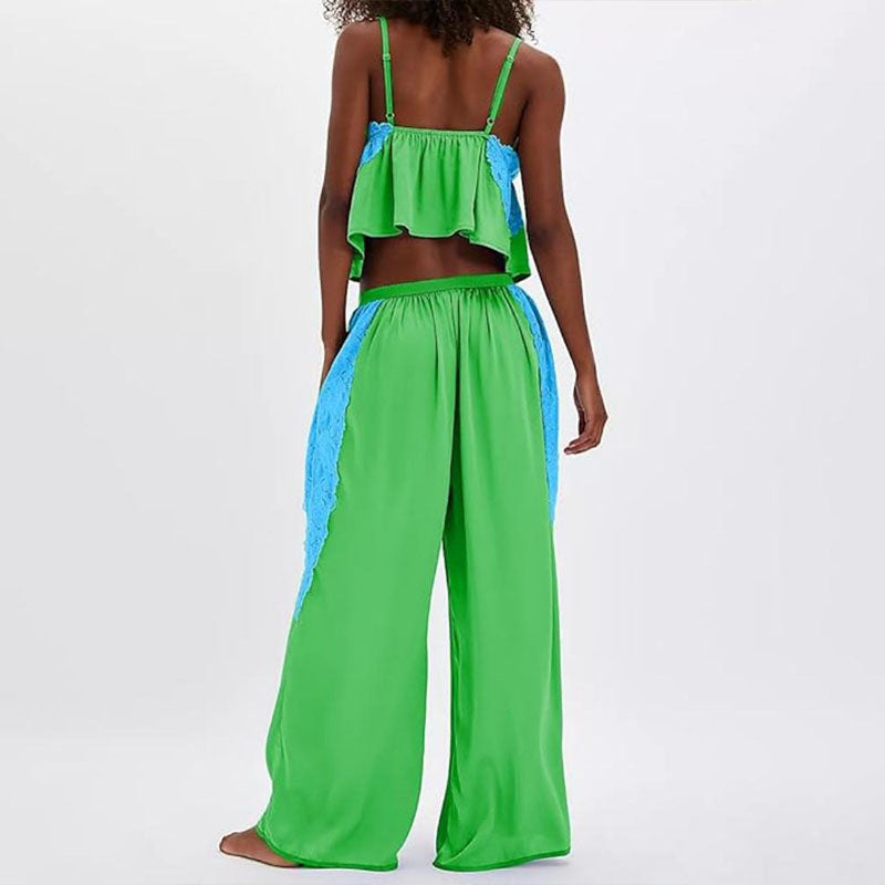 Lace-Trimmed Spaghetti Strap Camisole and Wide-Leg Pants Loungewear Set
