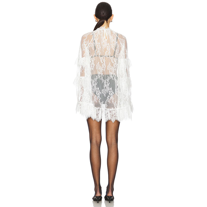 Sheer lace ruffle smock dress