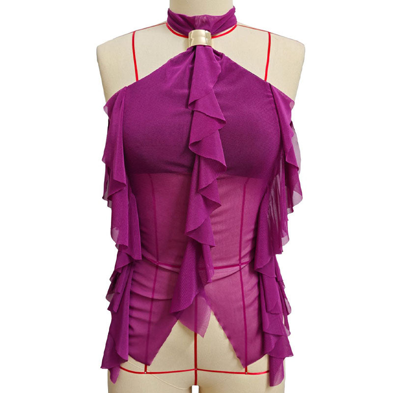 Irregular hem ruffle halter top