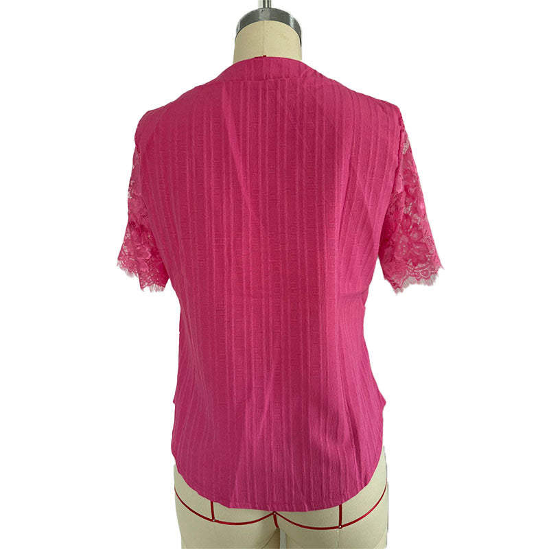 Short-sleeve V-neck shirt with lace splicing