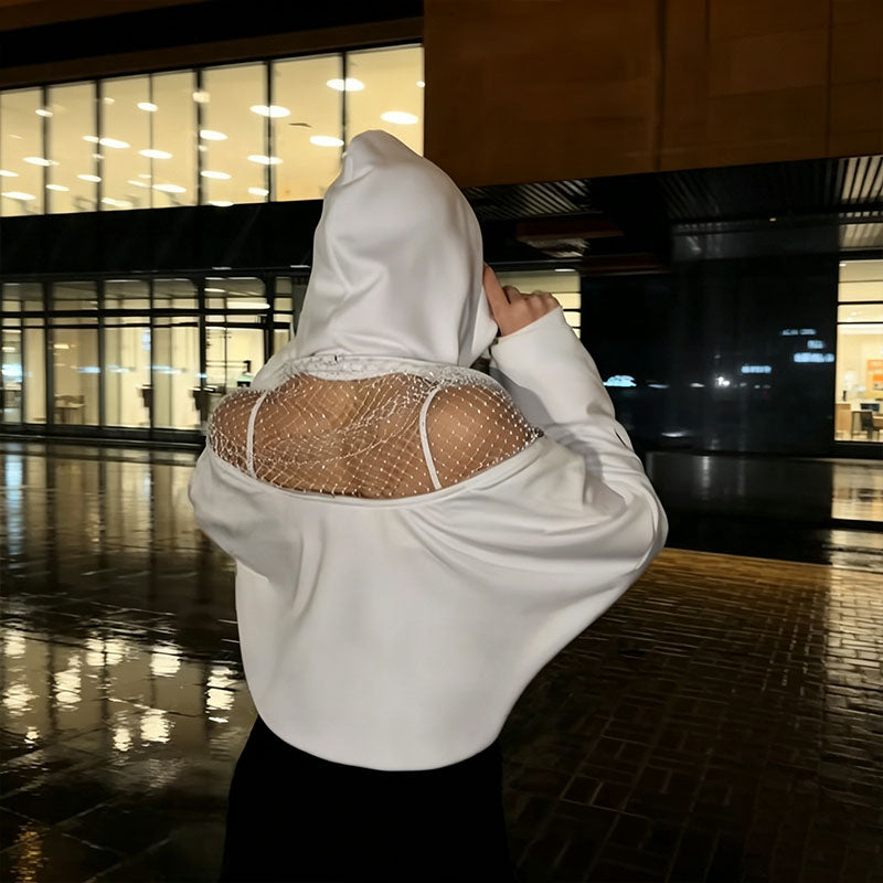 Open-back cutout mesh casual hoodie