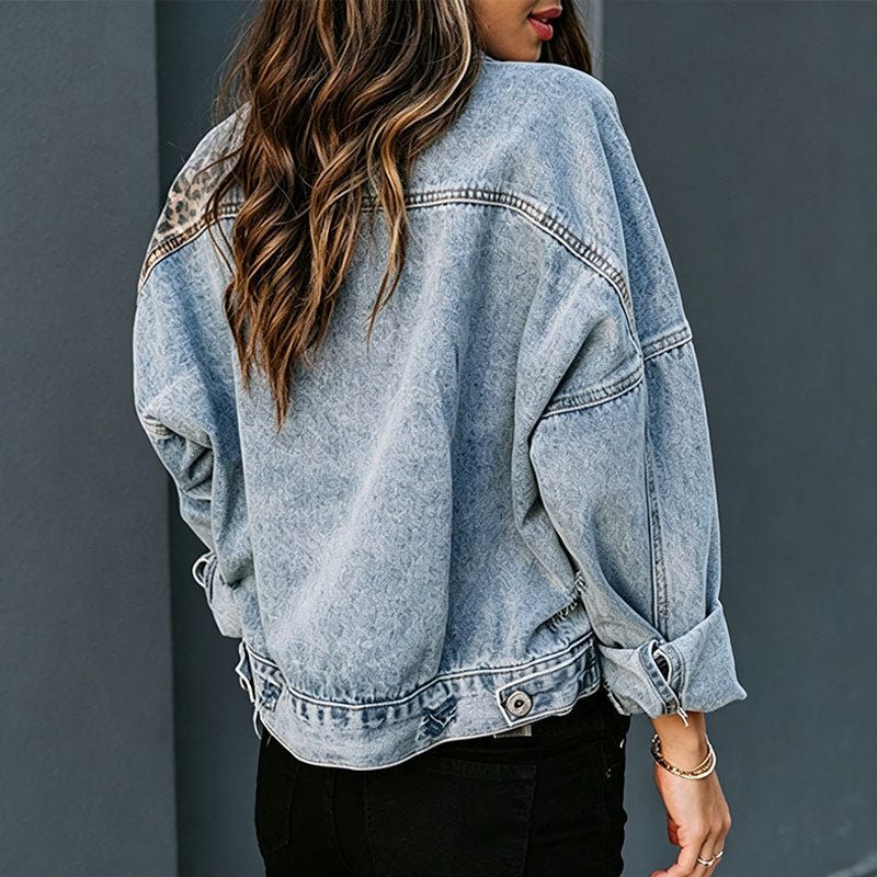 Leopard-print panel denim jacket