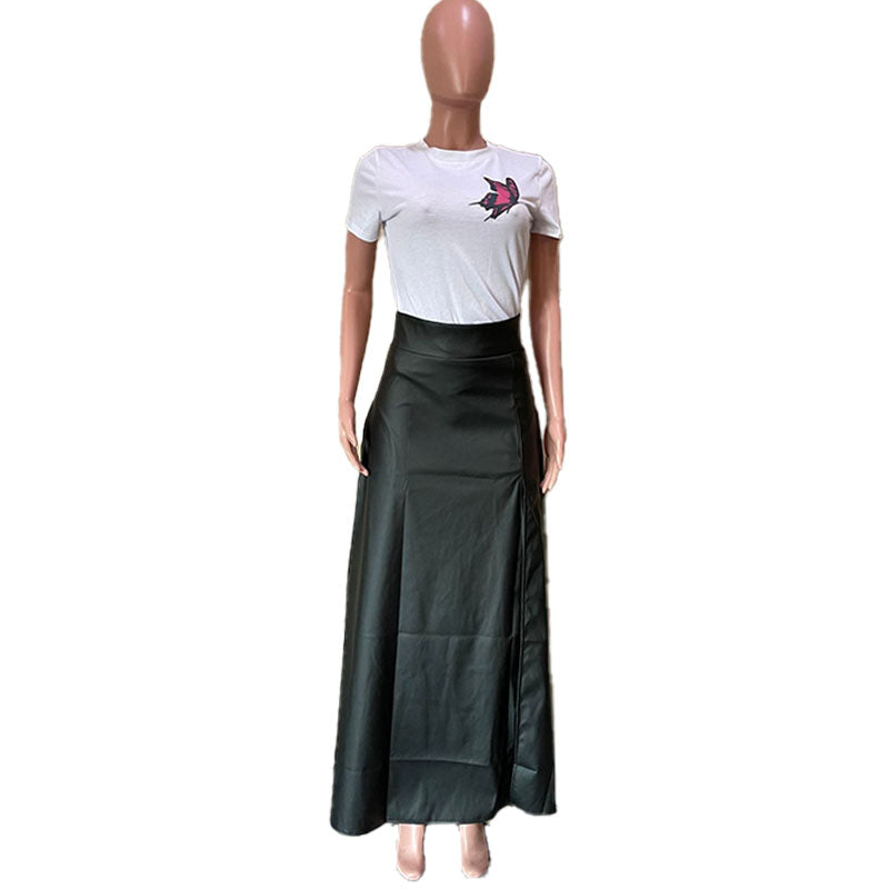 High-waisted side-slit leather skirt