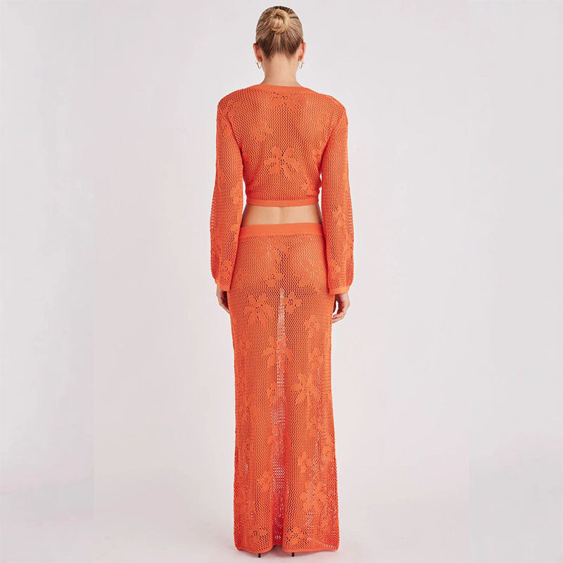 Floral Cut-Out Long-Sleeve Tie-Front Top and Maxi Skirt Set