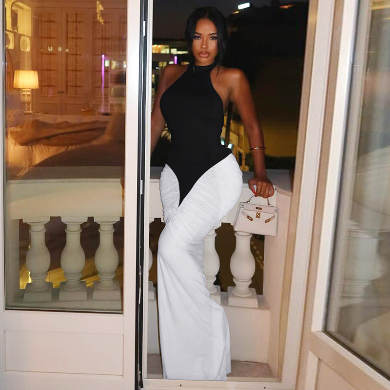 Backless fishtail color-blocked fitted dress