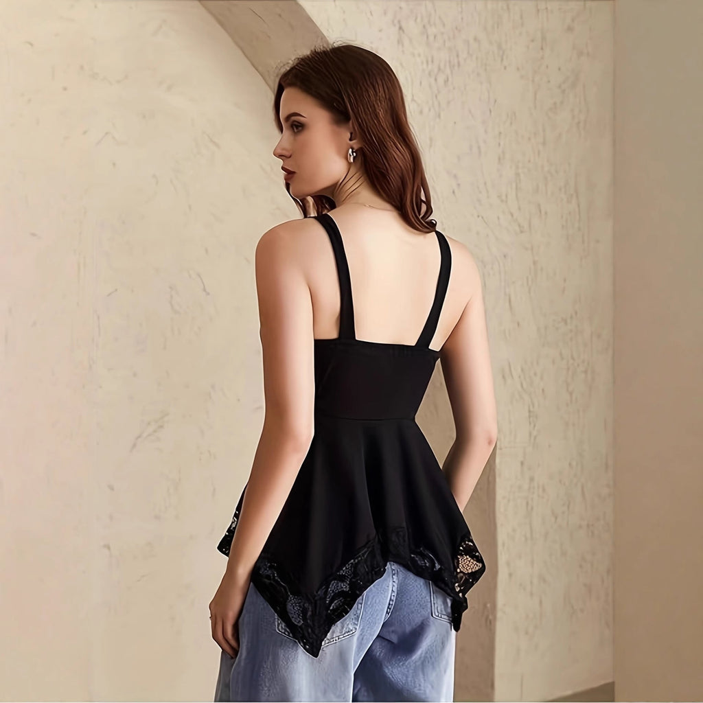V-neck asymmetrical lace hem camisole top