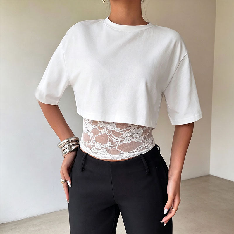 Mesh and lace patchwork short-sleeved top