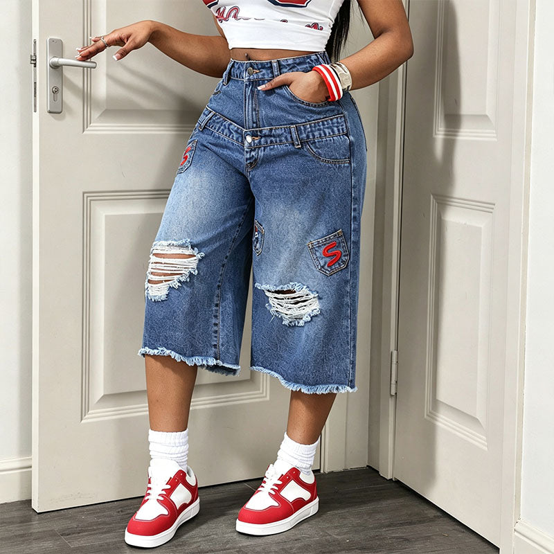 Distressed raw-hem wide-leg cropped jeans