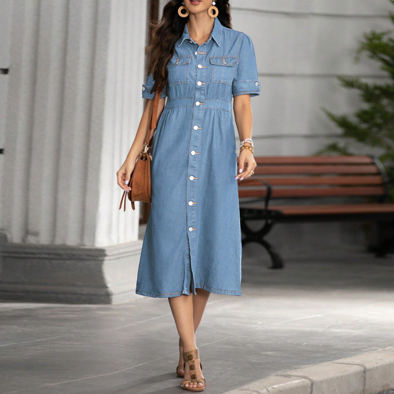 Collared short-sleeved fitted denim dress