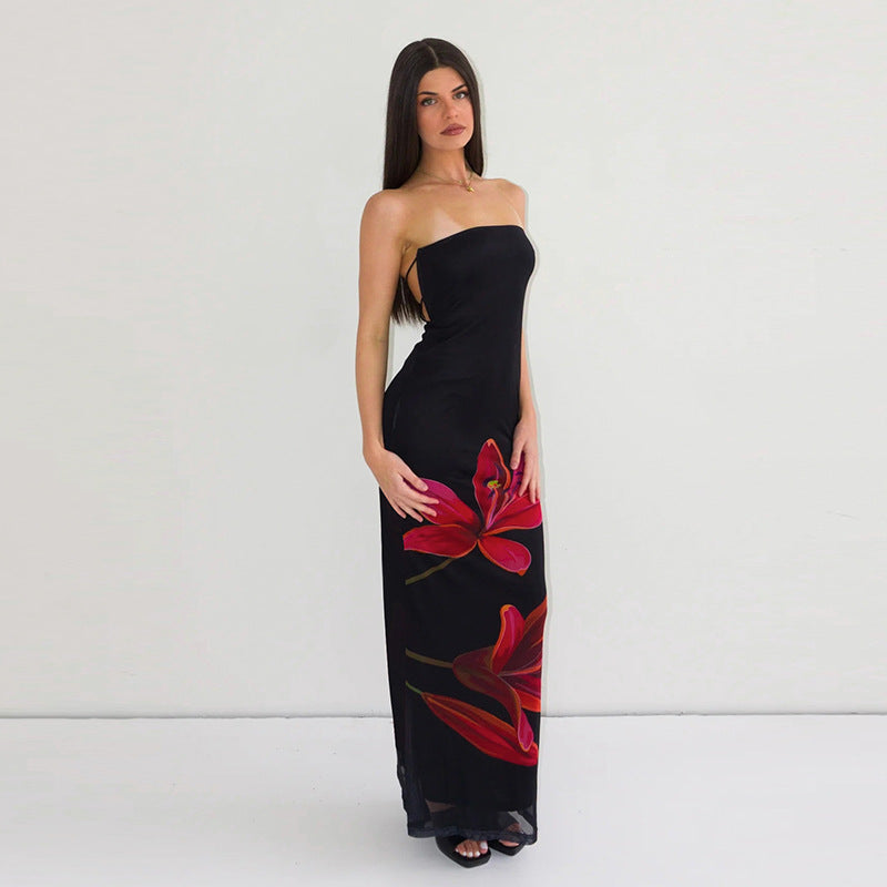 Open-back lace-up strapless fitted dress