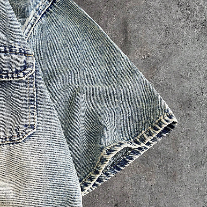 Men's Chinese-Style Frog Button Washed Denim Short-Sleeve Shirt