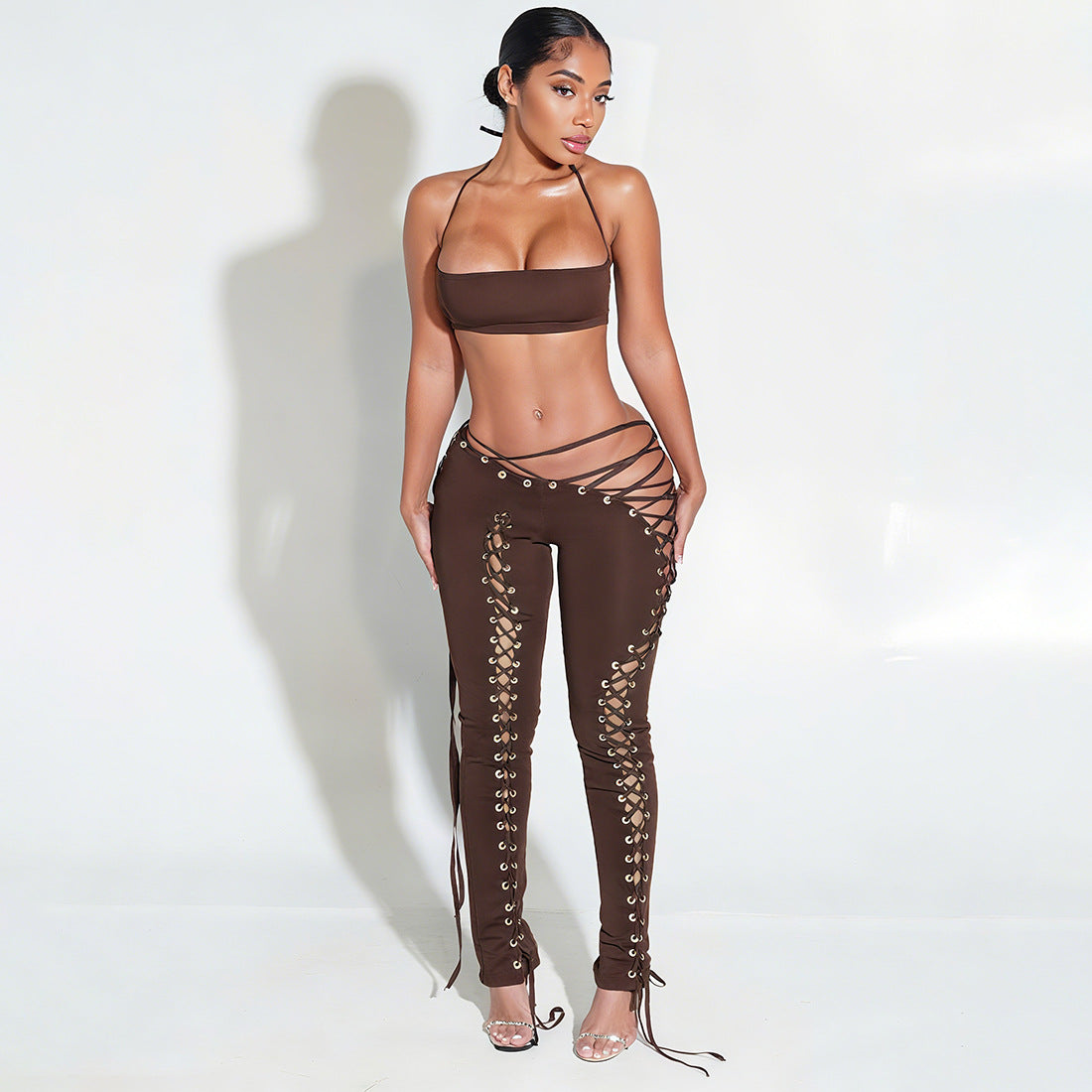 Short vest top with side tie leggings two-piece set
