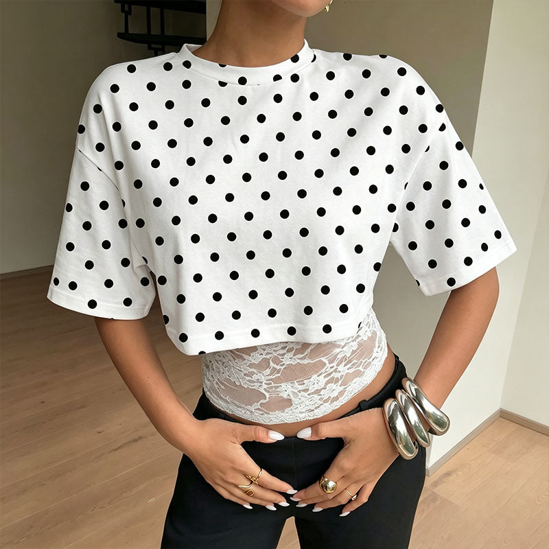 Mesh and lace patchwork short-sleeved top