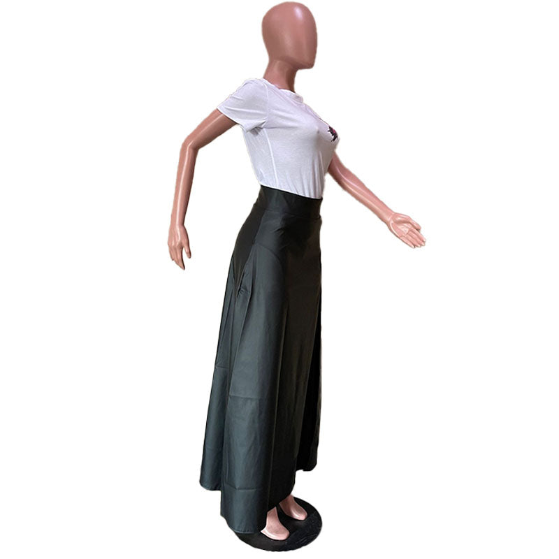 High-waisted side-slit leather skirt