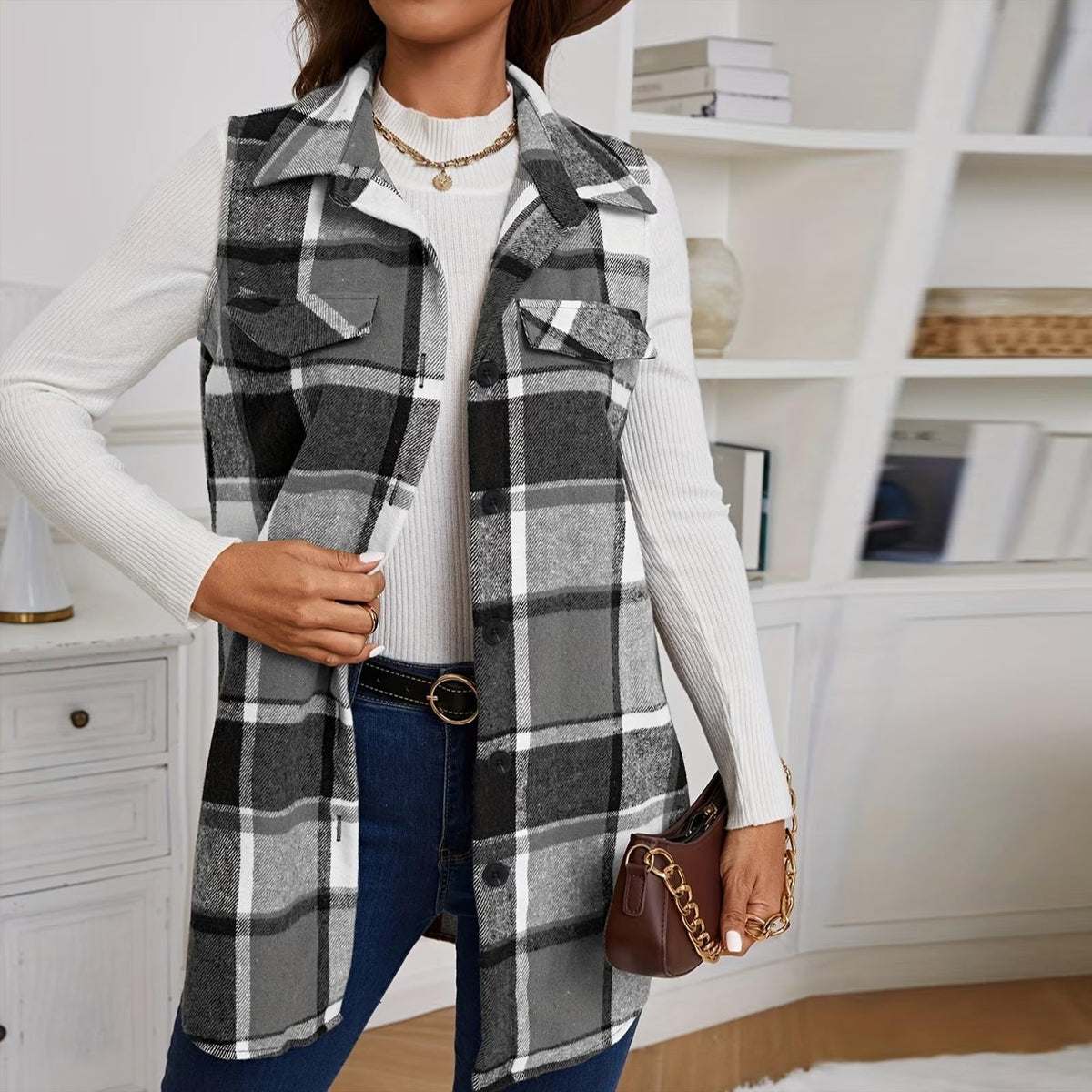 Women's collared plaid sleeveless vest