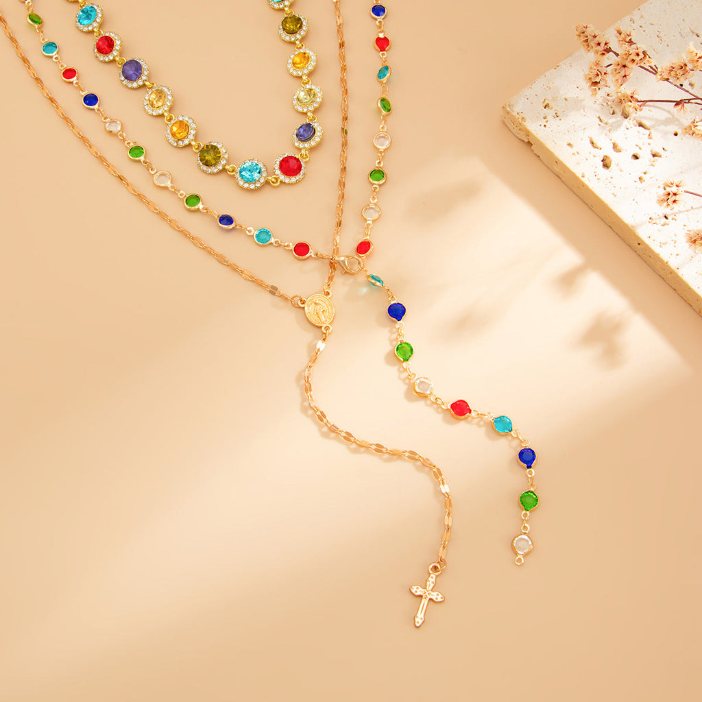 Bohemian-style round crystal layered necklace