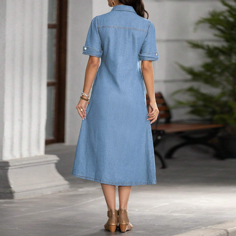 Collared short-sleeved fitted denim dress