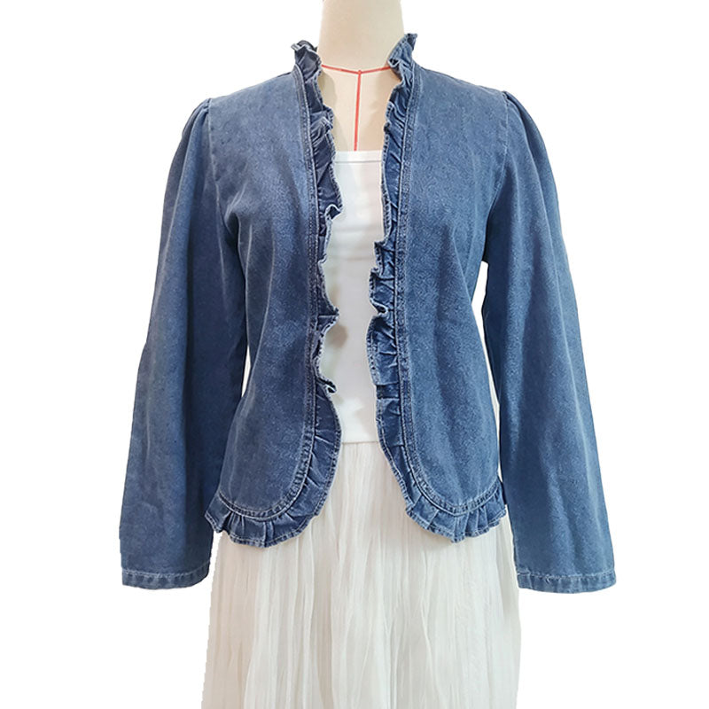 Ruffled Trim Open‑Front Cropped Denim Jacket