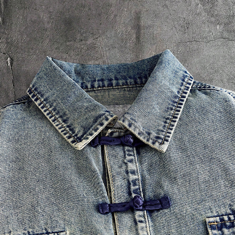 Men's Chinese-Style Frog Button Washed Denim Short-Sleeve Shirt