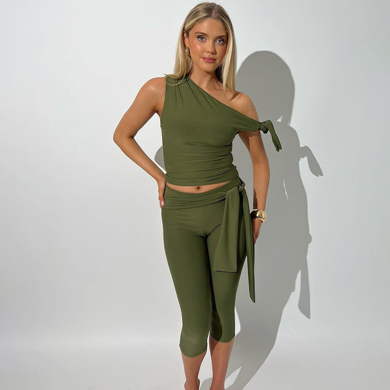 One-shoulder tie-strap top and cropped trousers set