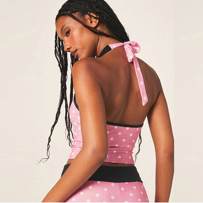 Back-tie polka dot halter top and low-waisted shorts set
