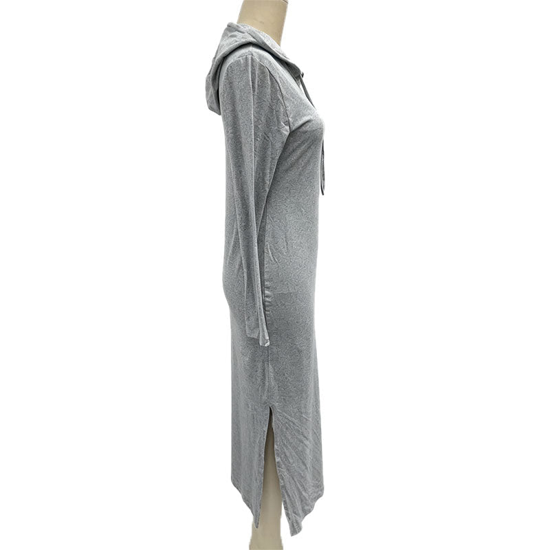 Casual side-slit hooded long dress