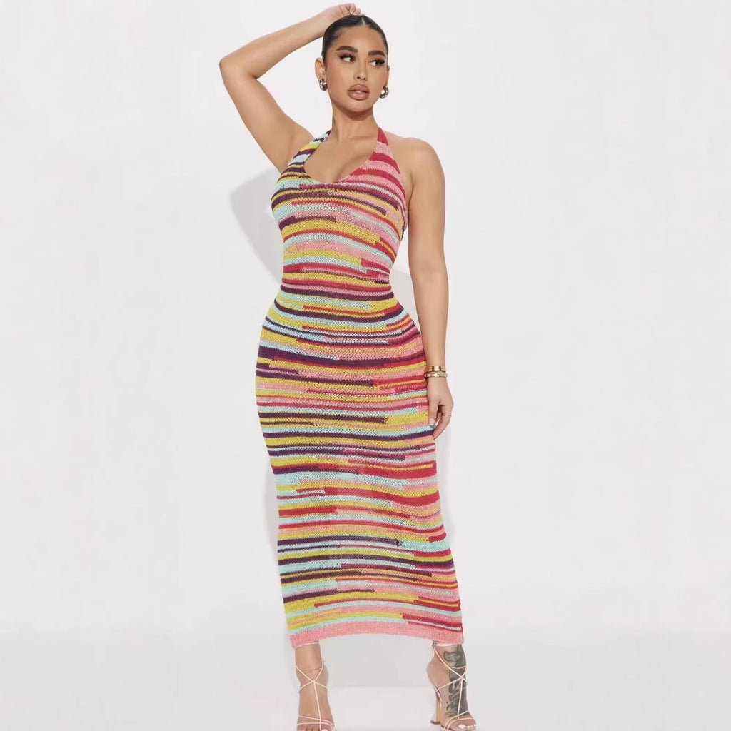 Slim-fit maxi dress with colorful stripes