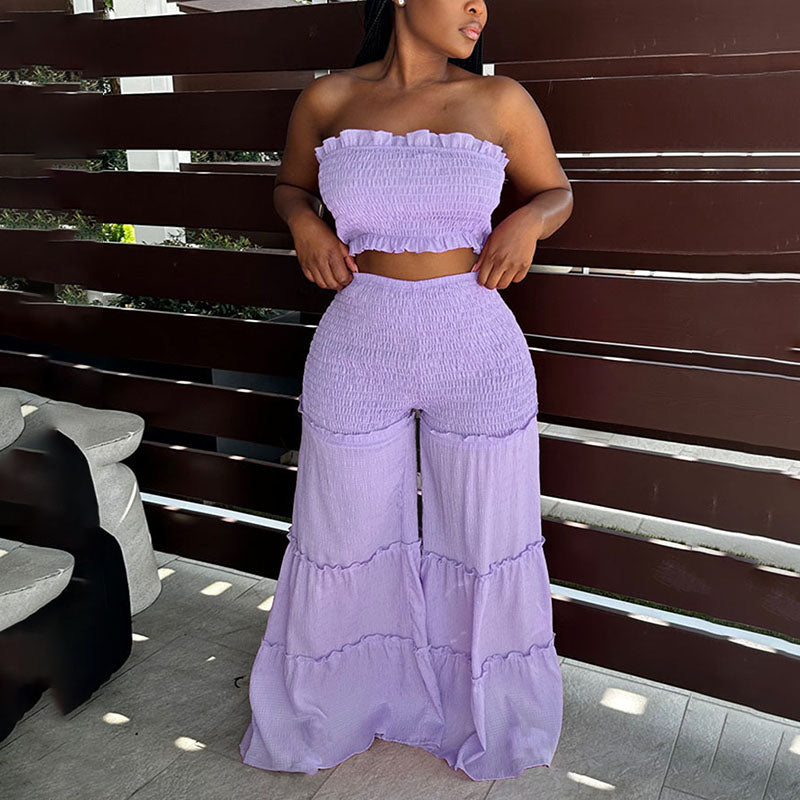 Ruched strapless top and tiered ruffle wide-leg pants set