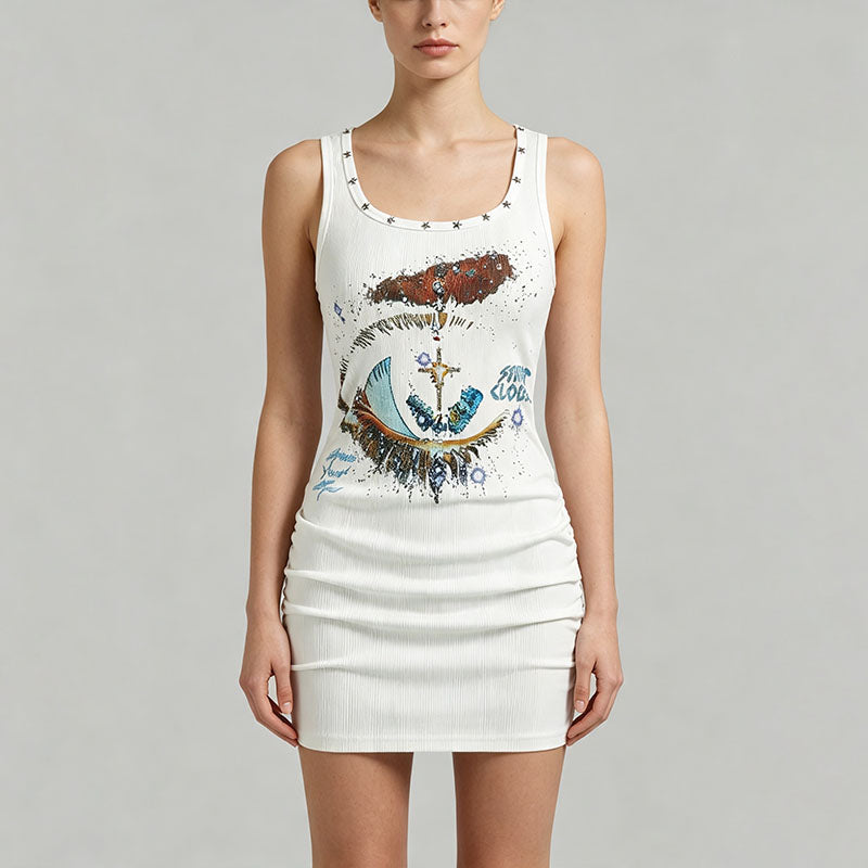Square neck sleeveless printed studded dress