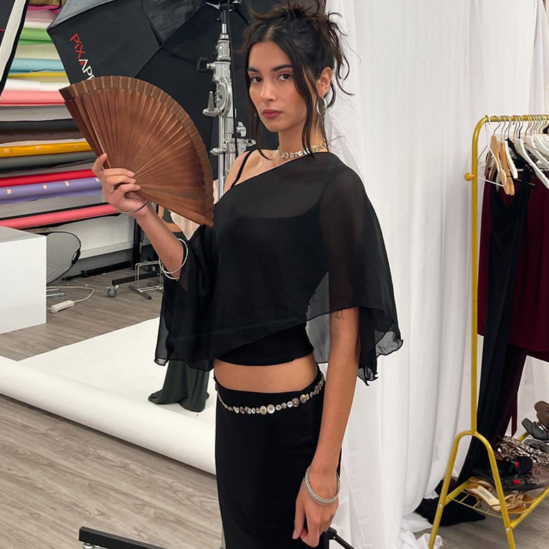 Layered shawl cover-up and short tank top two-piece set