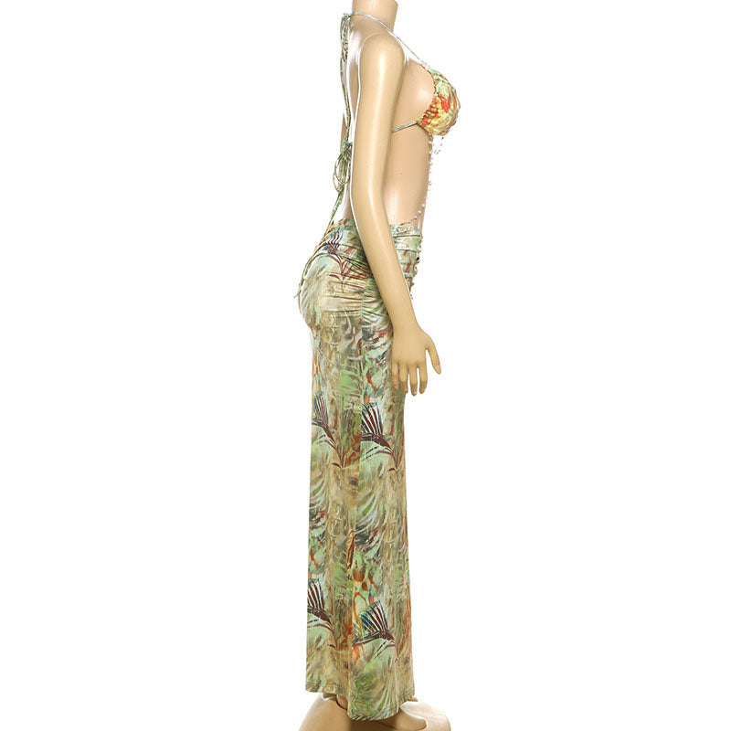 Tropical-print open-back halter dress