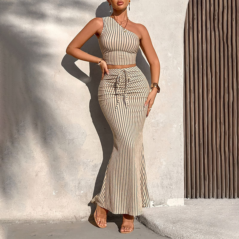 One-shoulder striped cropped top and fishtail skirt set