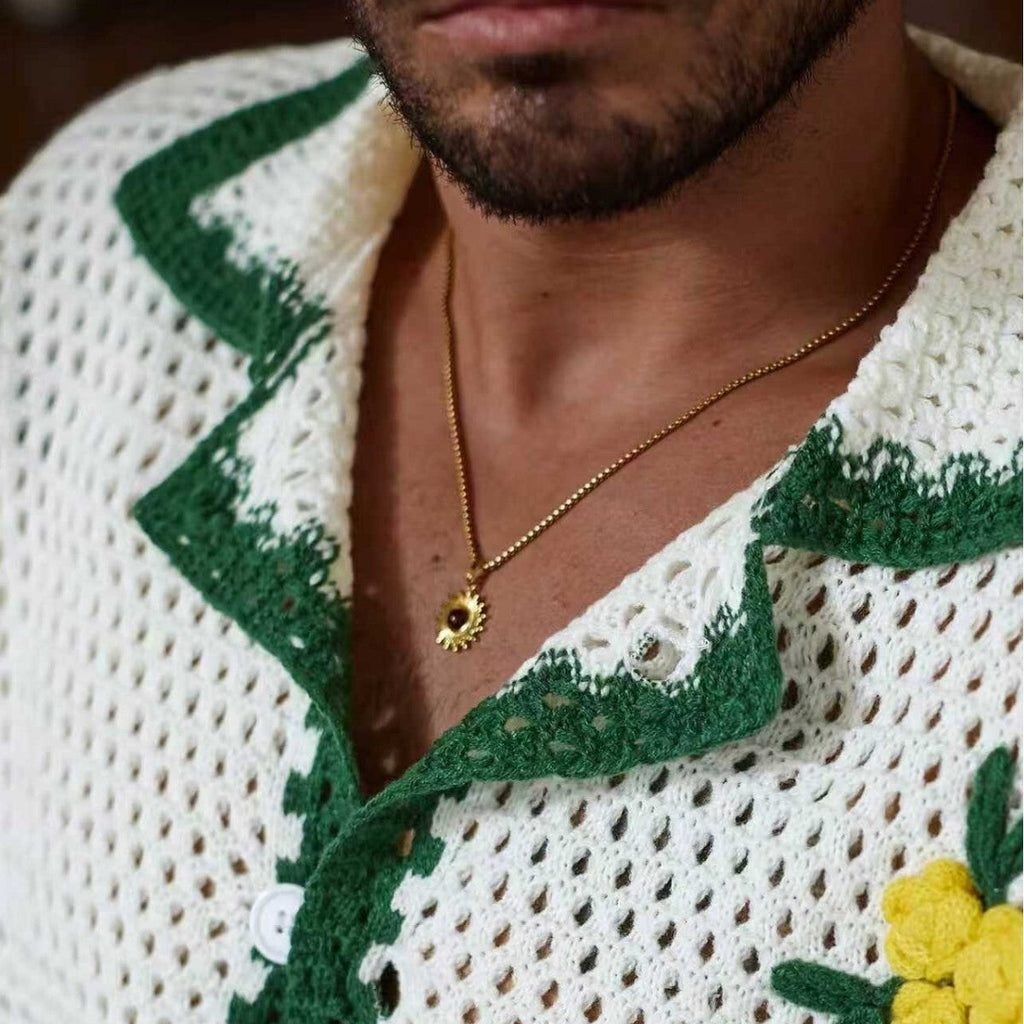 Men's Suit Collar Short-Sleeve Embroidered Knit Top and Shorts Set