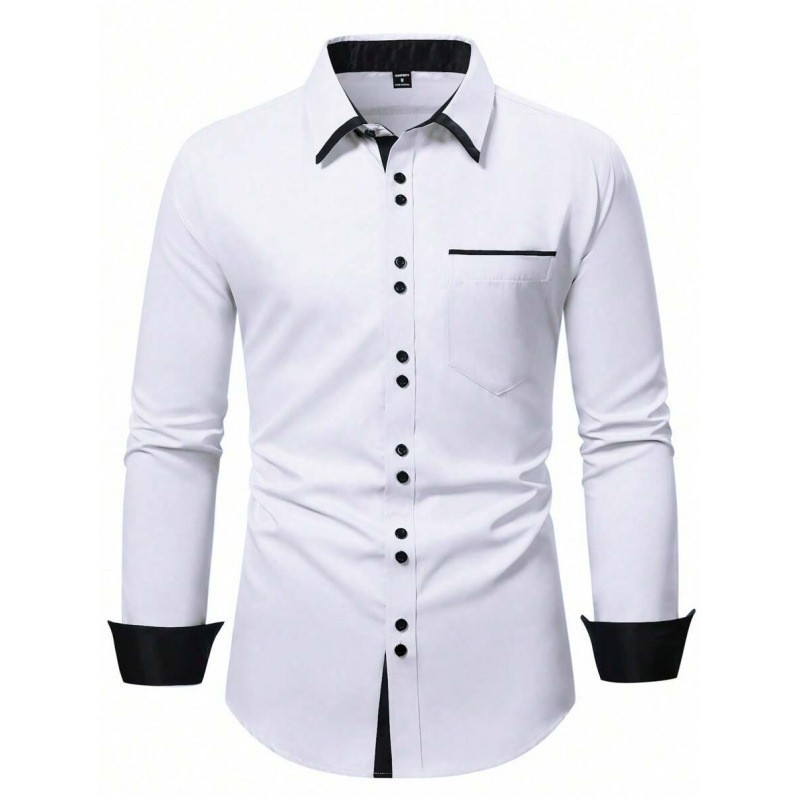 Men's Fashion Color Block Business Lapel Long-Sleeve Shirt