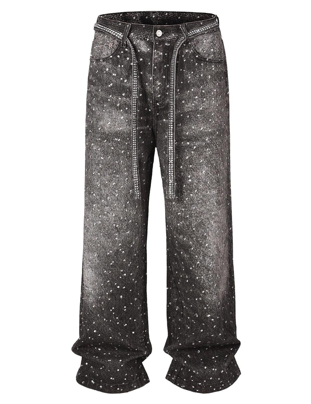 Men's Sparkling Diamond-Encrusted Jeans with Diamond Belt - High Street Style Long Pants