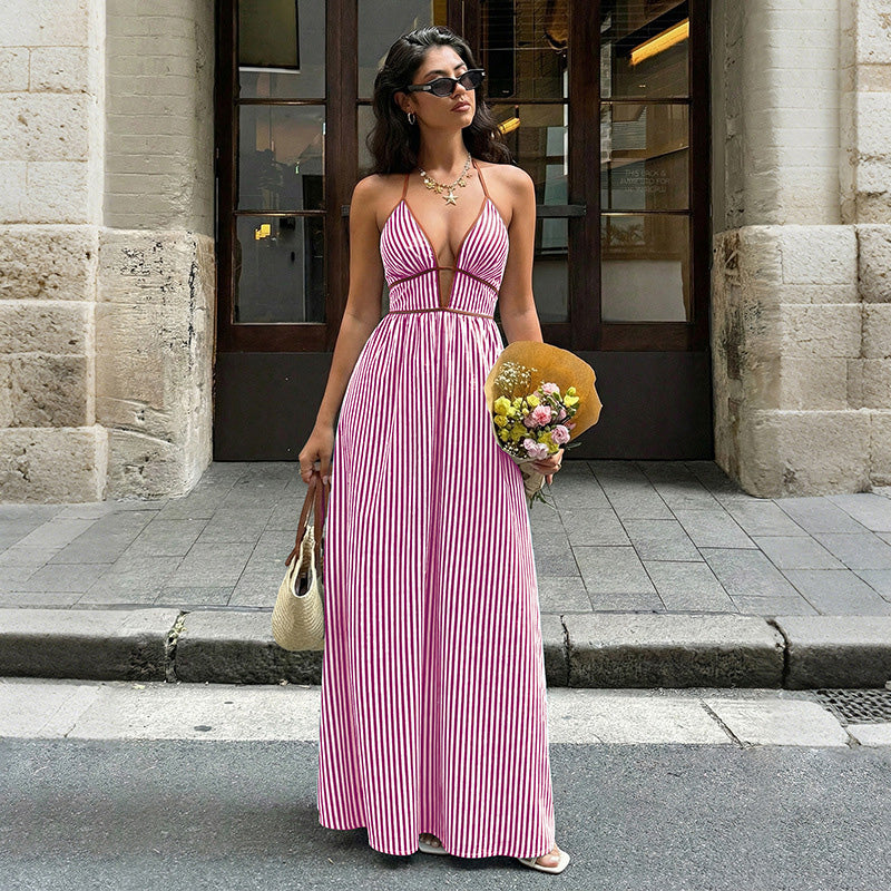 Retro striped rope-trimmed suspender maxi dress