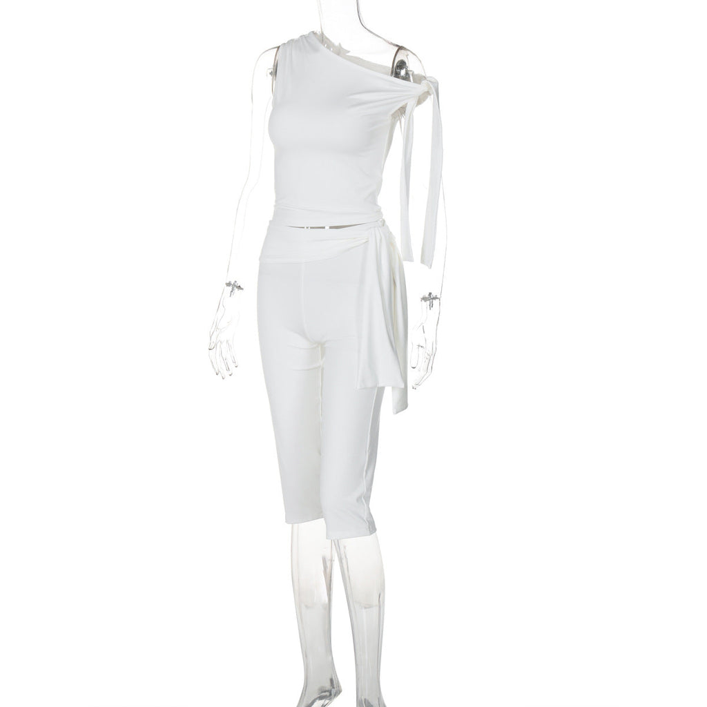 One-shoulder tie-strap top and cropped trousers set