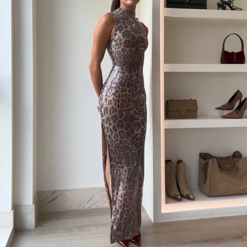Sleeveless sequined leopard print bodycon maxi dress