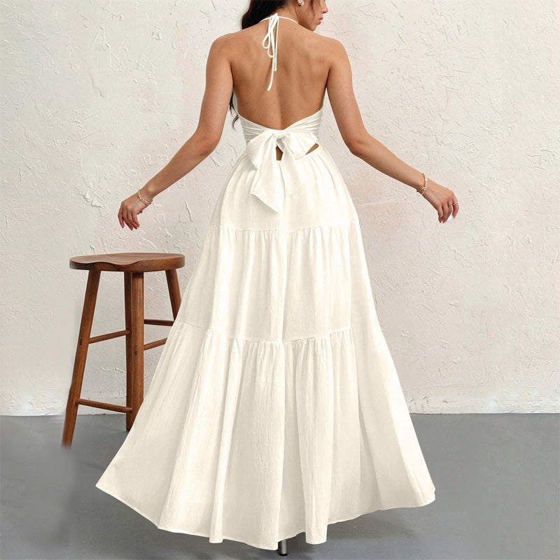 Backless halter-neck layered flowing long dress