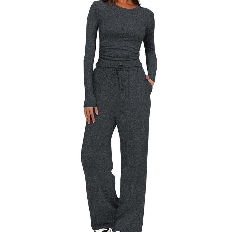 Casual long-sleeved high-waisted wide-leg pants suit